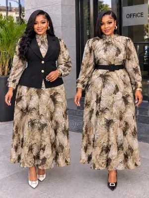 Abstract Feather-Print Two-Piece Blazer Dress Set