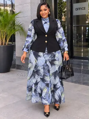 Abstract Feather-Print Two-Piece Blazer Dress Set