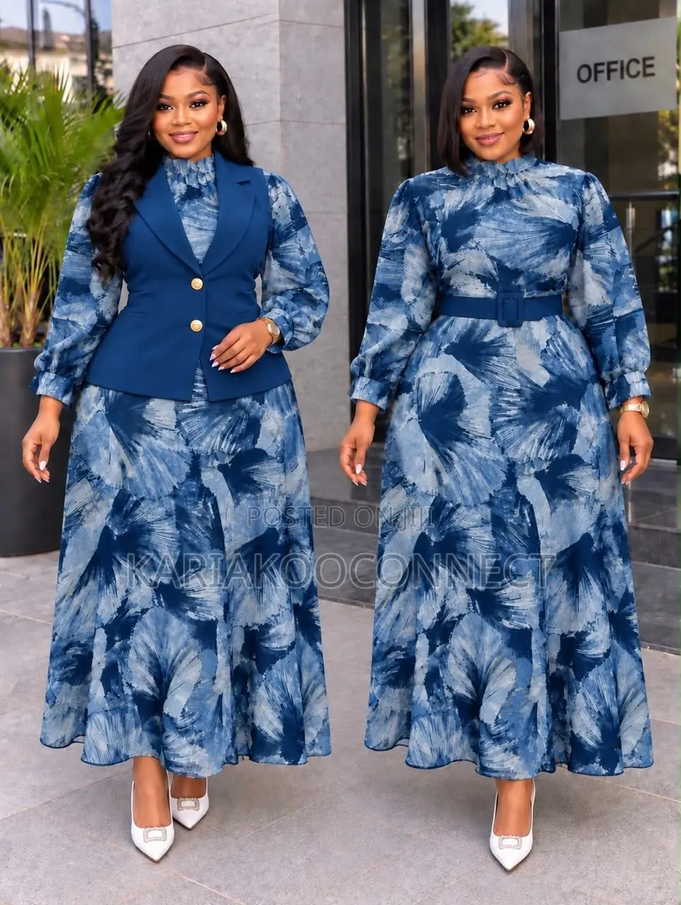 Abstract Feather-Print Two-Piece Blazer Dress Set