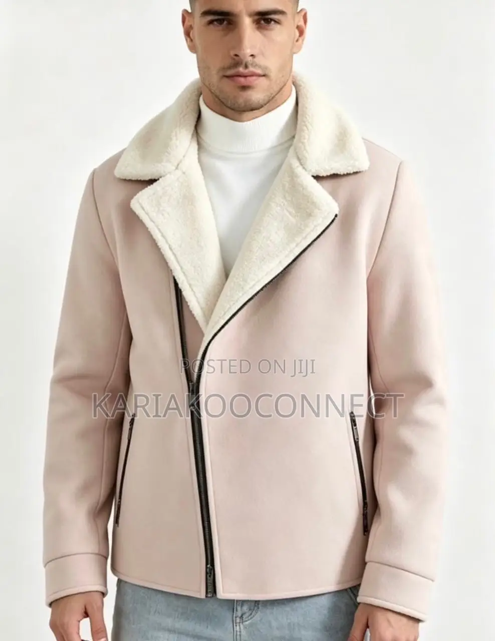 Heavy Wool Shearling-Collar Moto Coat