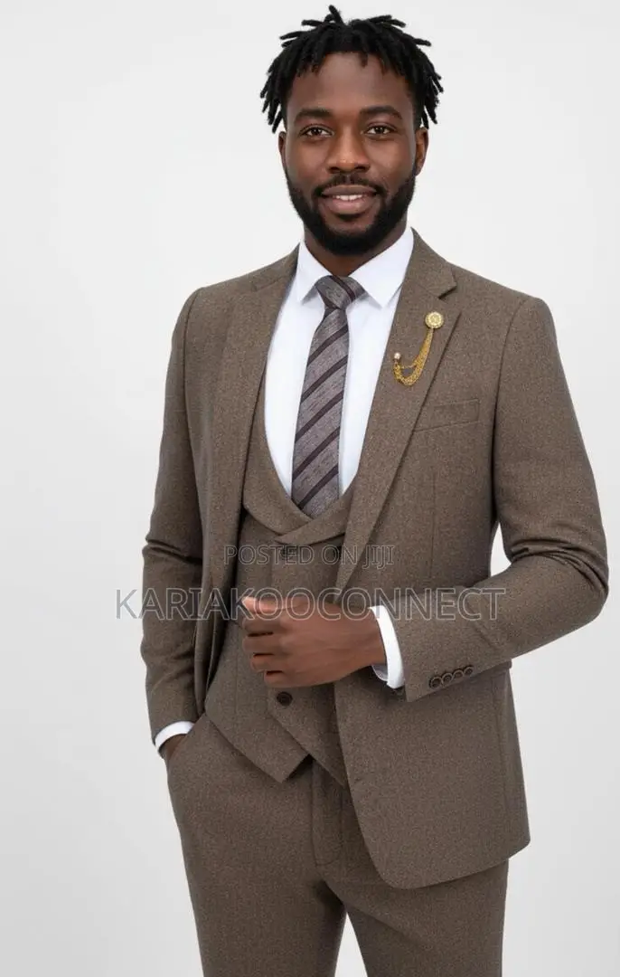 Brown Tweed Three-Piece Suit With Chain Detail