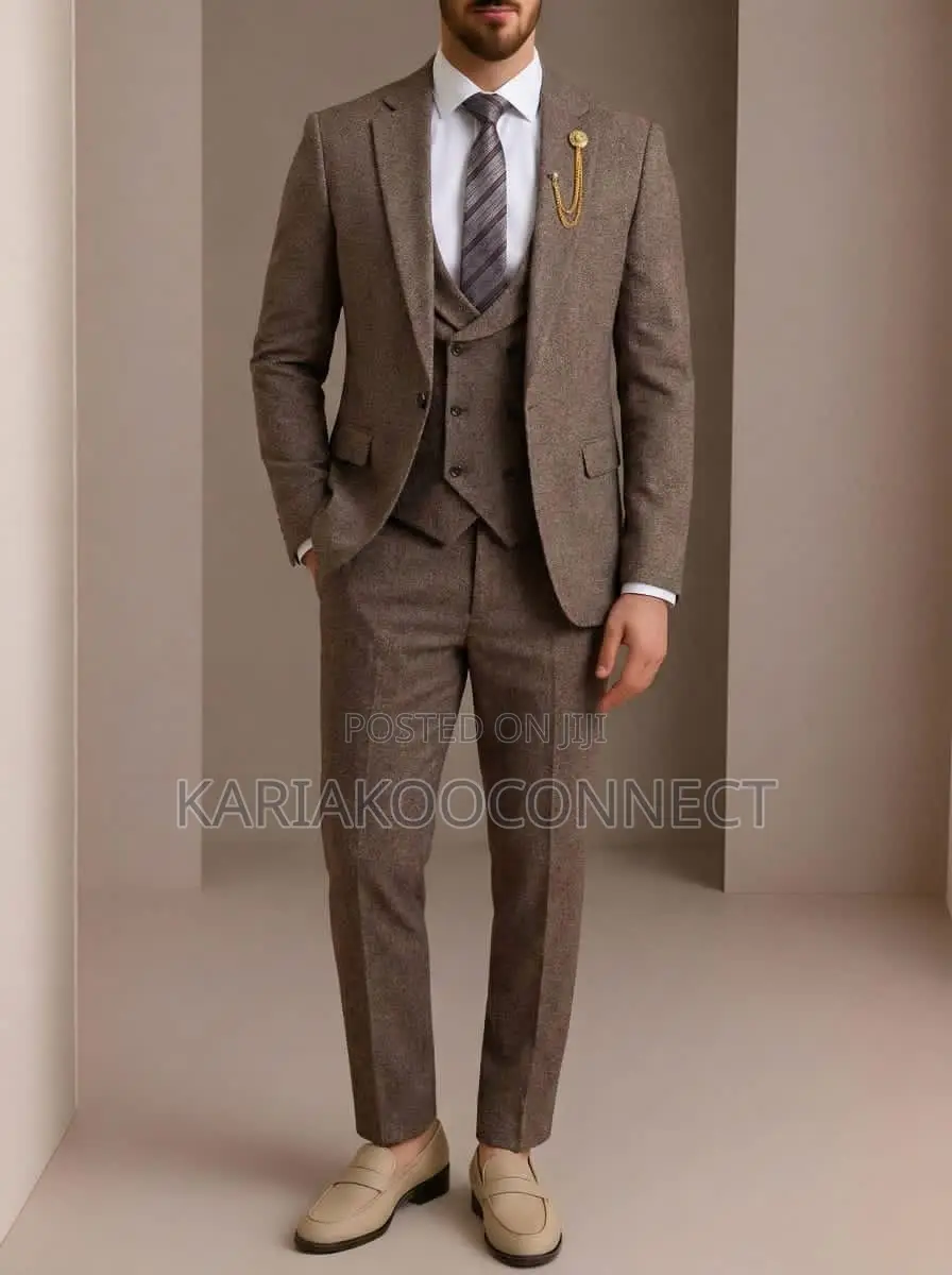 Brown Tweed Three-Piece Suit With Chain Detail