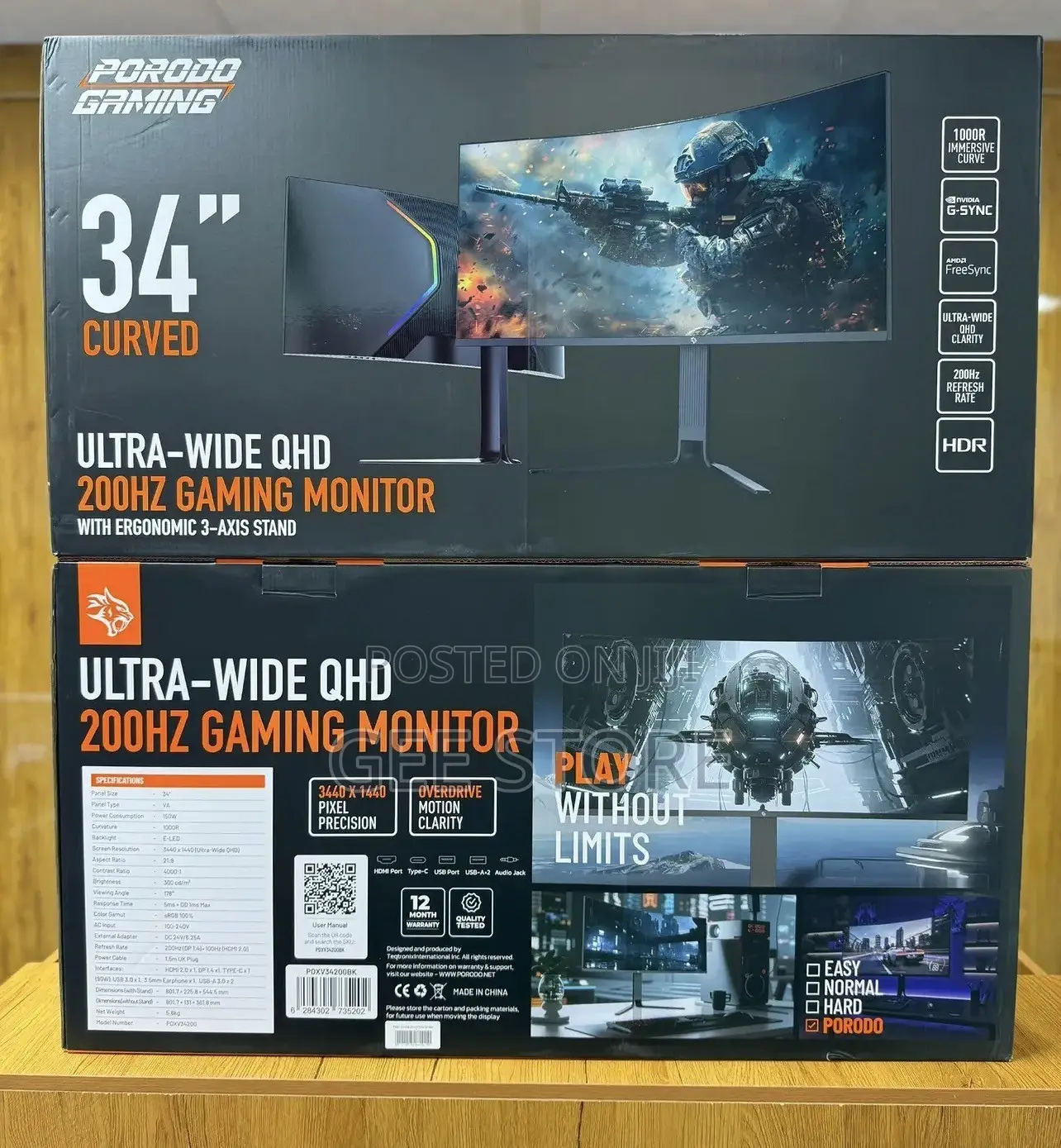 Porodo Gaming 34" Curved Ultra-Wide QHD Gaming Monitor (PDXV34200BK)
