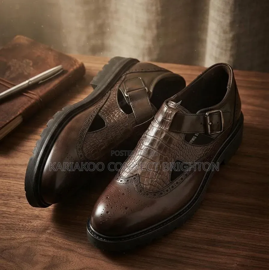 Brown Crocodile Texture Buclkel Shoes