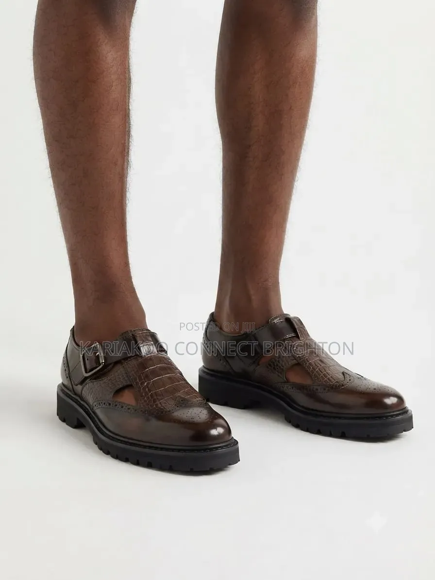 Brown Crocodile Texture Buclkel Shoes