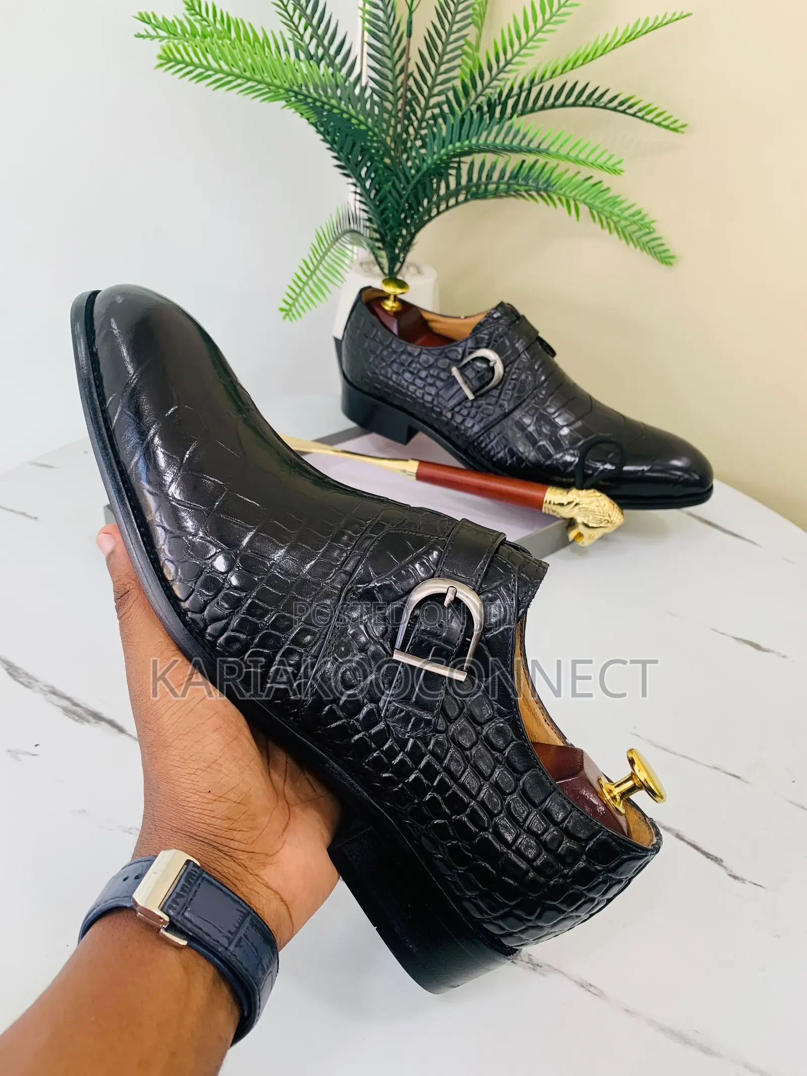 Berluti-Style Crocodile-Embossed Monk Strap Shoes – Black Coffee