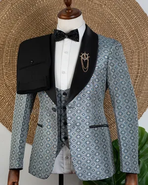 Grey Patterned Shawl Lapel Tuxedo Suit