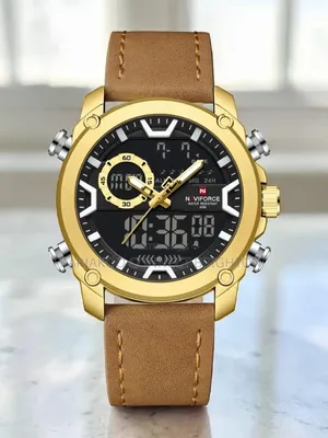 Men's Gold-Tone Digital-Analog Leather Strap Watch