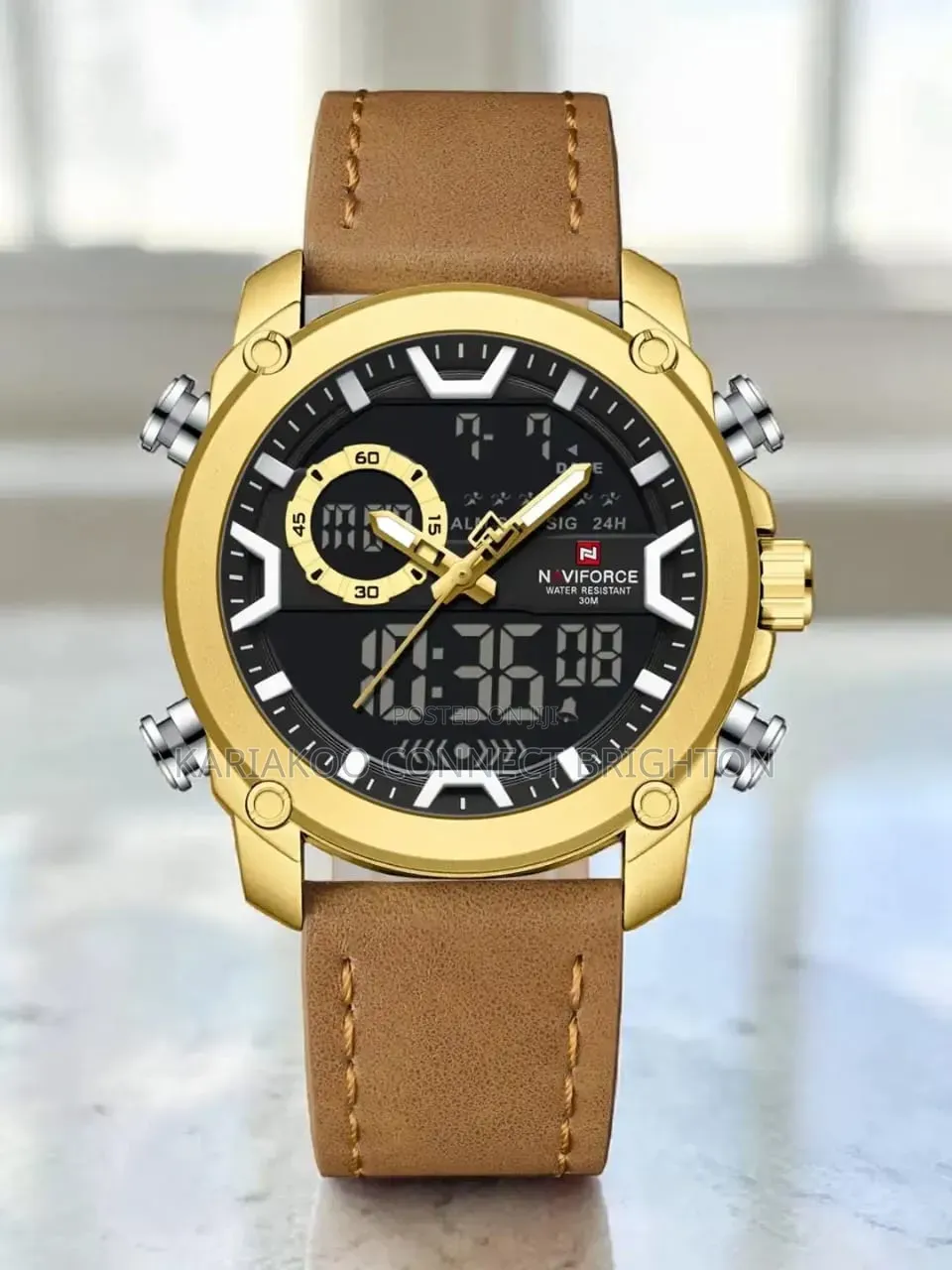 Men's Gold-Tone Digital-Analog Leather Strap Watch