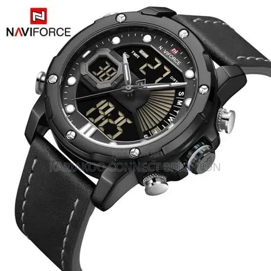 Men's Gold-Tone Digital-Analog Leather Strap Watch