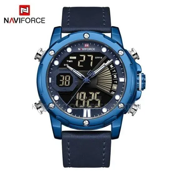 Men's Gold-Tone Digital-Analog Leather Strap Watch