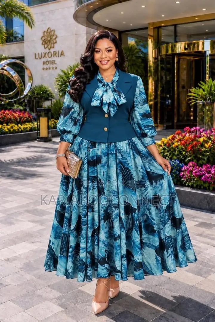 Bow-Tie Blouse Printed Skirt Set