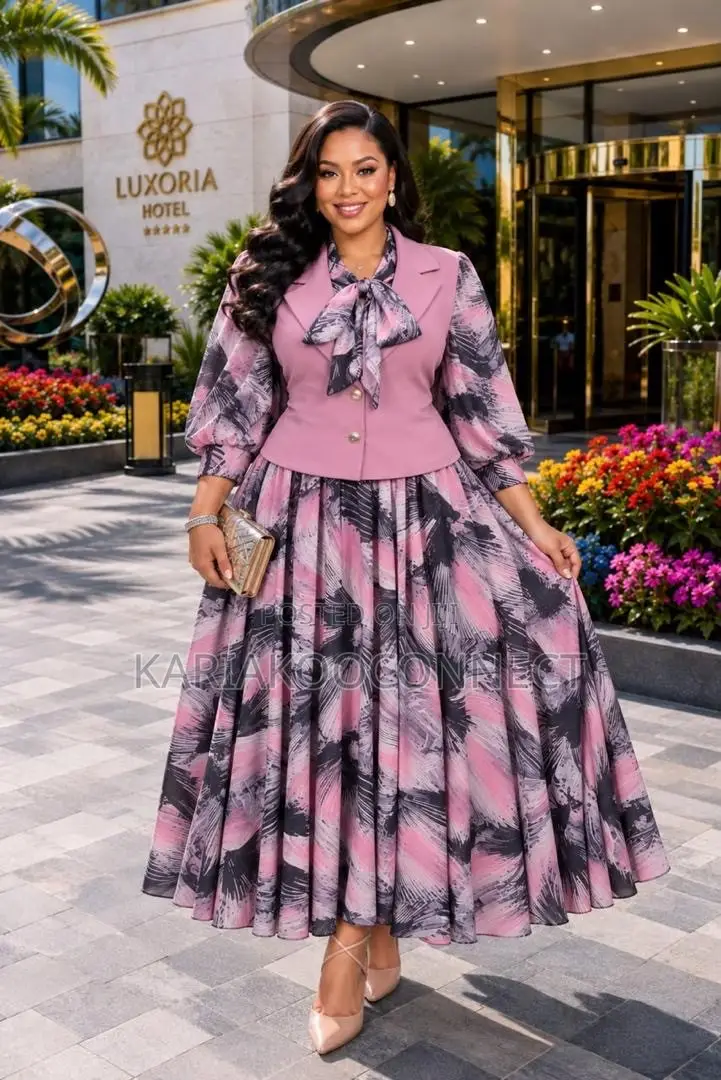 Bow-Tie Blouse Printed Skirt Set