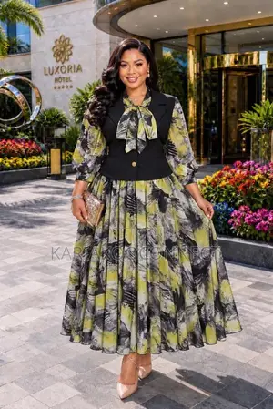 Bow-Tie Blouse Printed Skirt Set