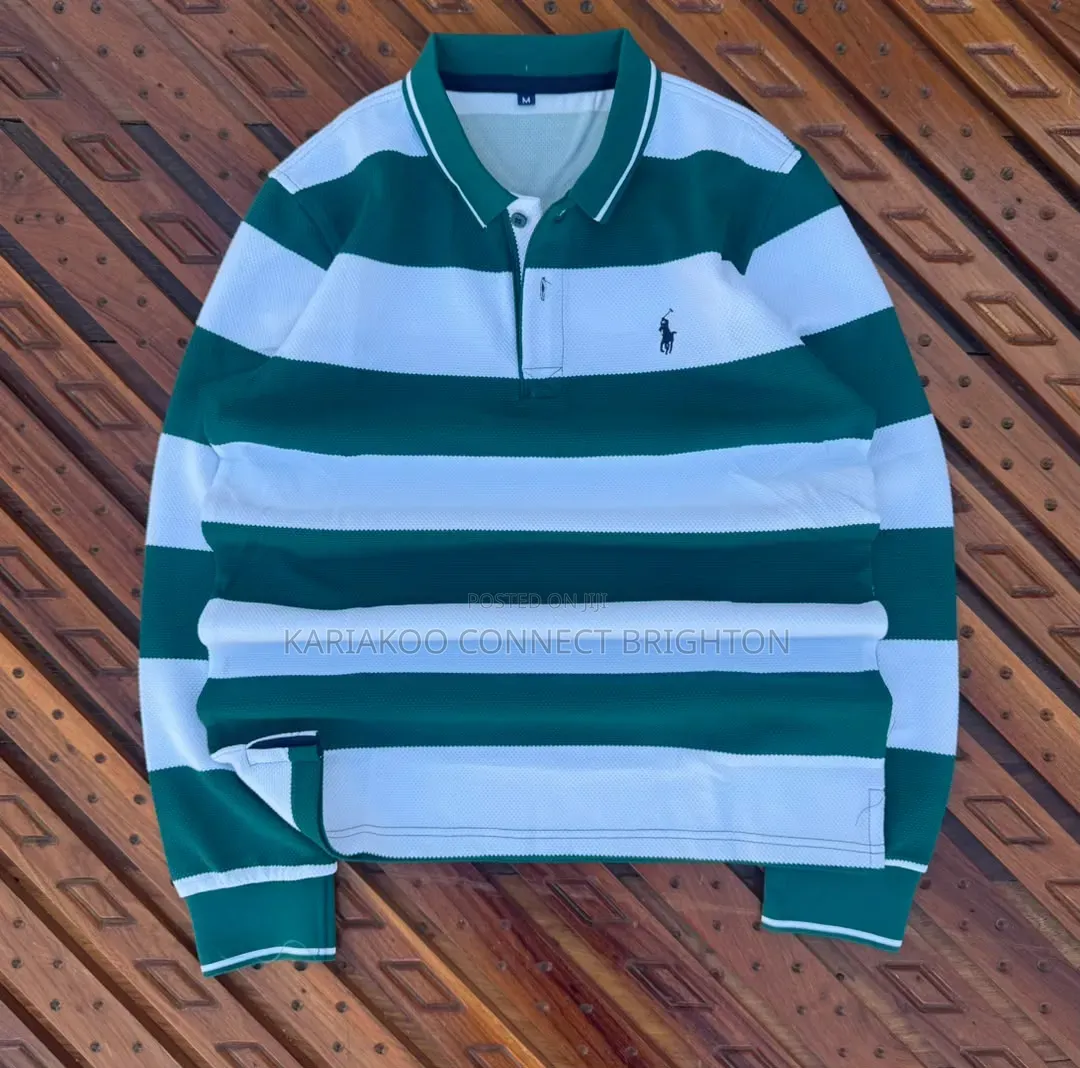 Green White Striped Long-Sleeve Polo Shirt