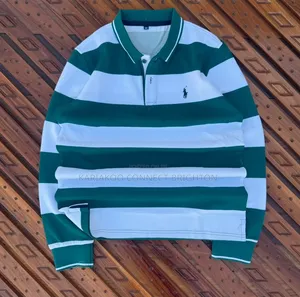 Green White Striped Long-Sleeve Polo Shirt