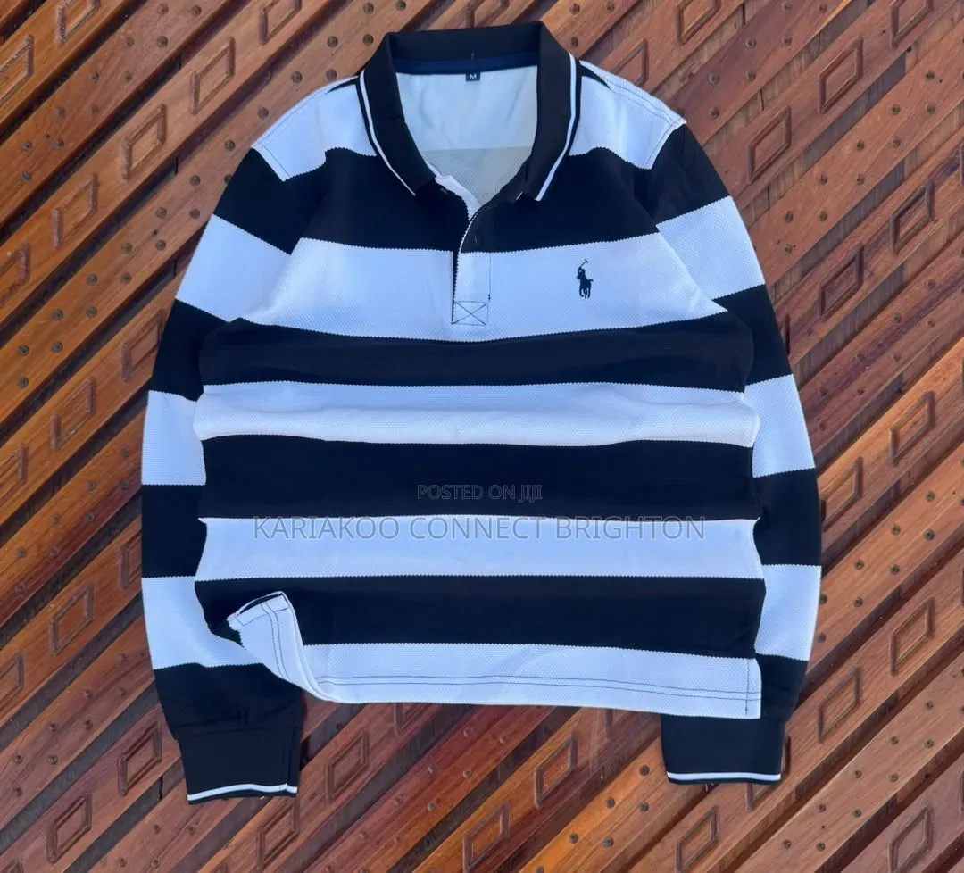 Green White Striped Long-Sleeve Polo Shirt