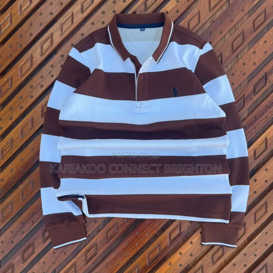 Green White Striped Long-Sleeve Polo Shirt