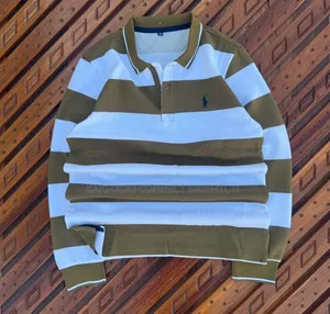 Green White Striped Long-Sleeve Polo Shirt