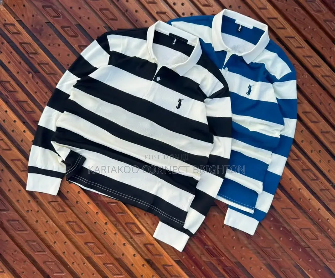 Green White Striped Long-Sleeve Polo Shirt