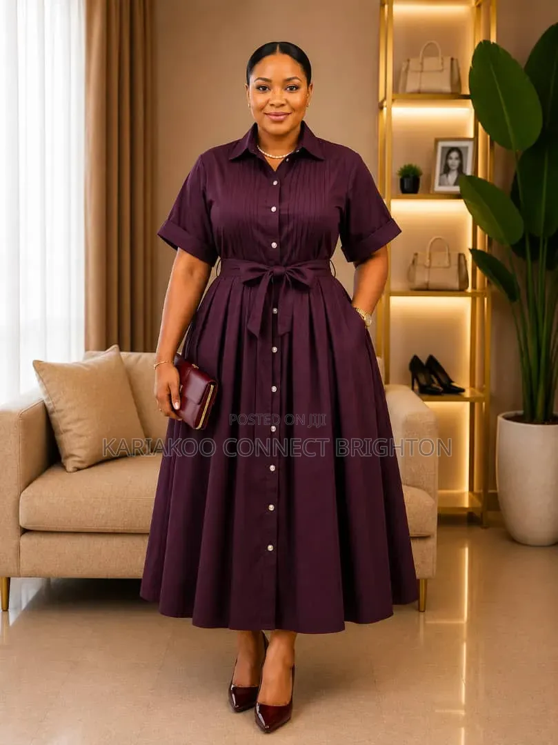 Pleated-Front Midi Shirt Dress