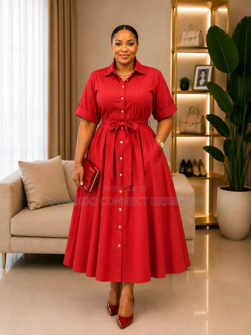 Pleated-Front Midi Shirt Dress