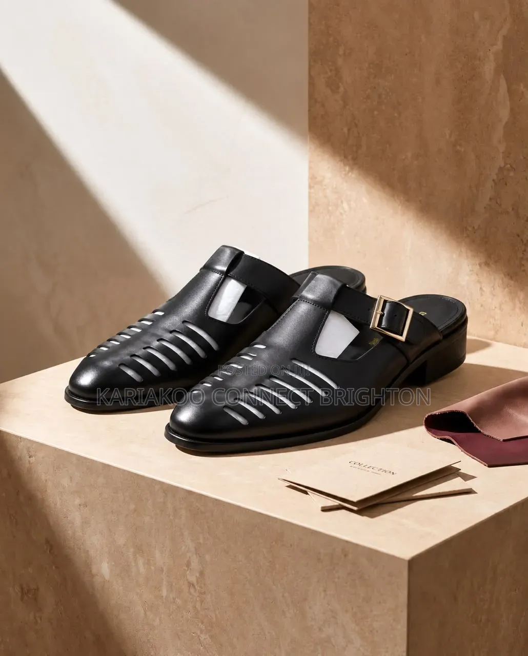Black Buckled Cutout Slides / Roman Sandals