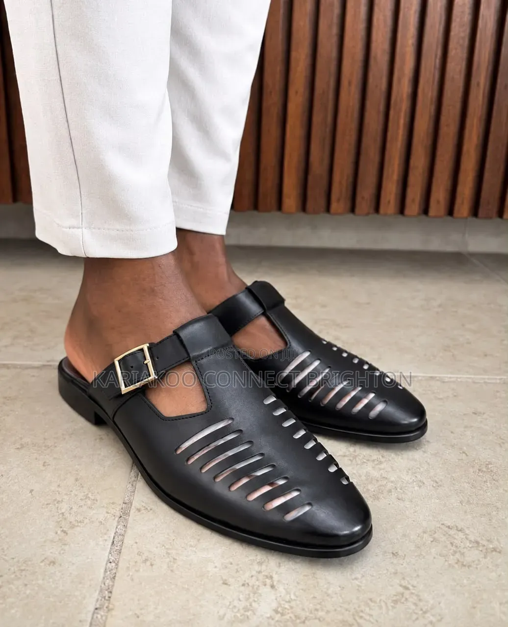 Black Buckled Cutout Slides / Roman Sandals