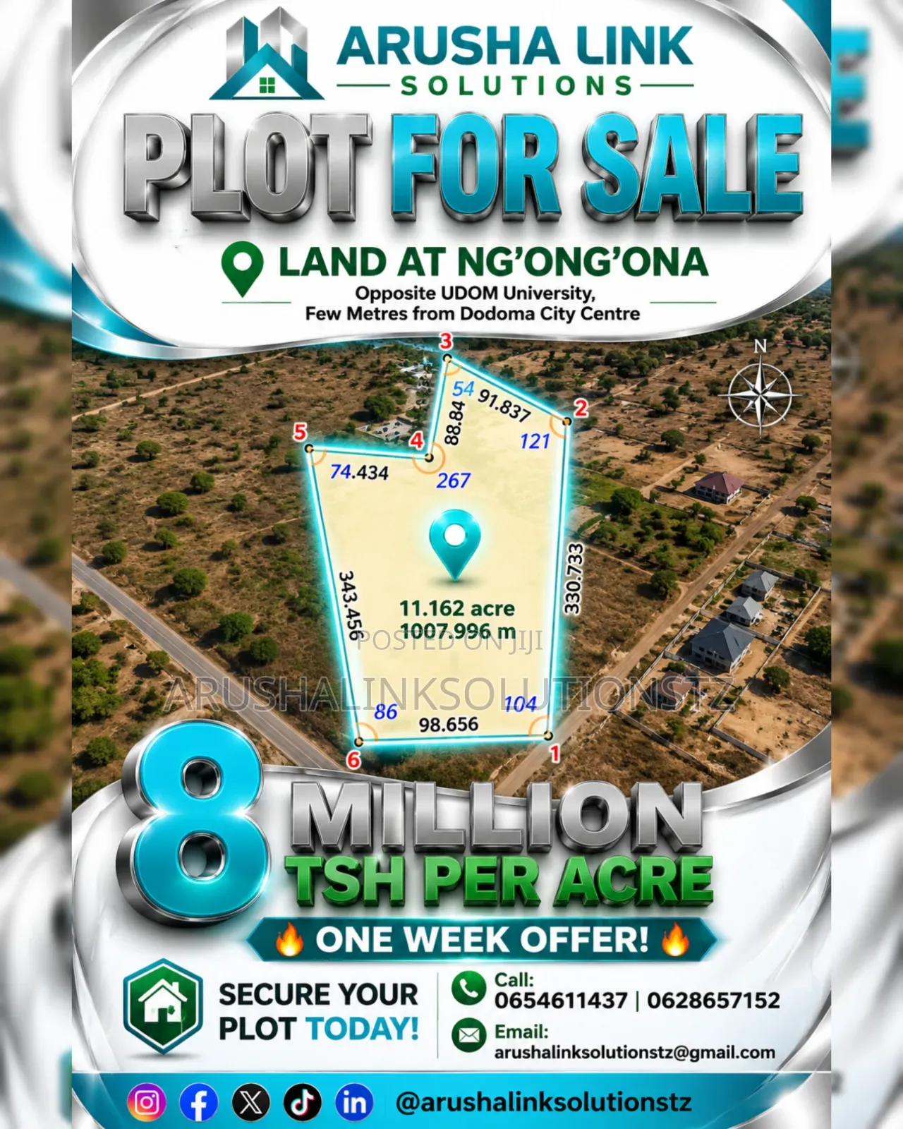 Land for Sale at Ng'ong'ona UDOM 8Million Per Accre, Call
