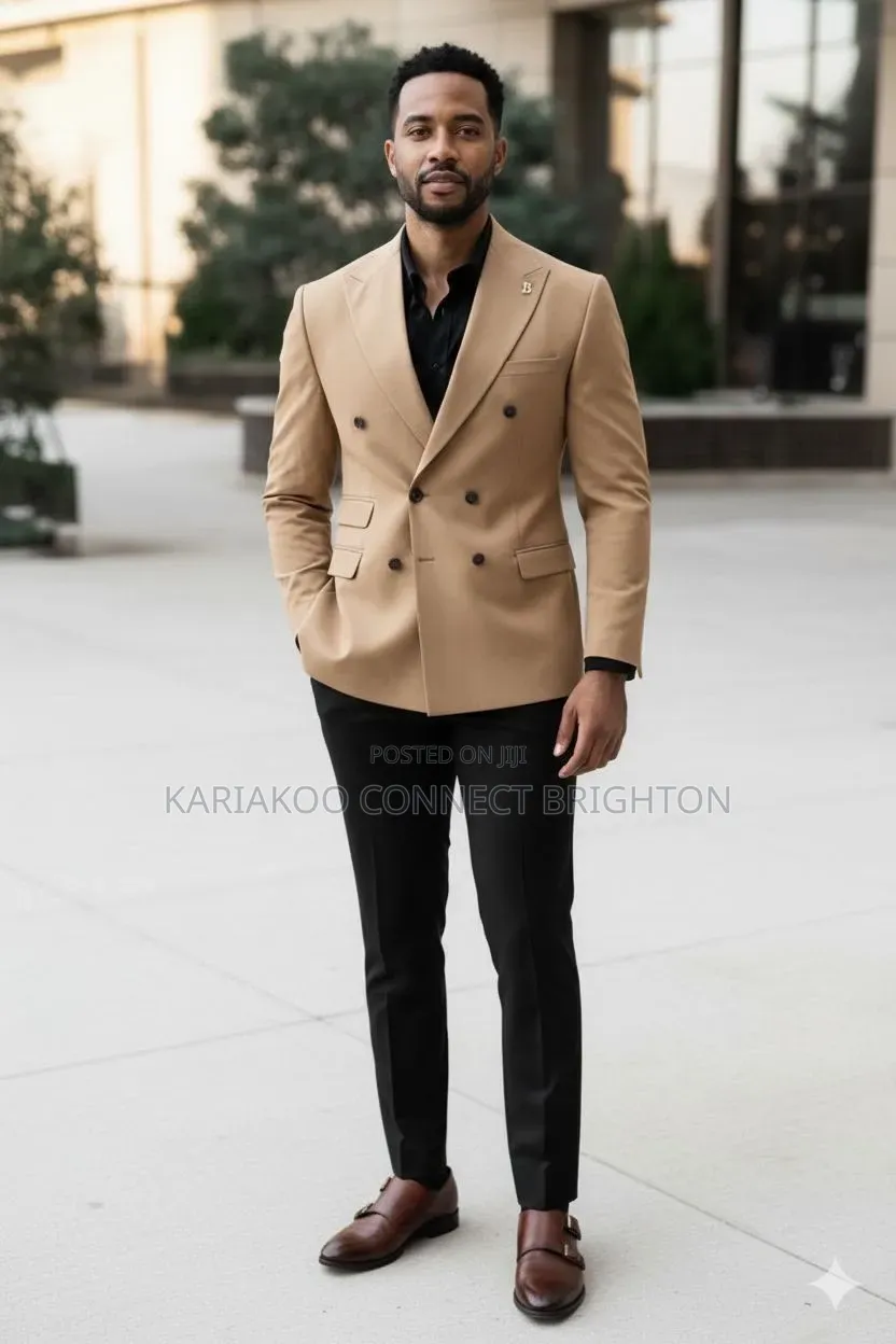 Beige Double-Breasted Peak-Lapel Combo