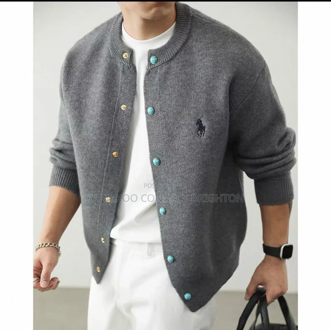 Grey Turquoise-Button Knit Cardigan (Polo)