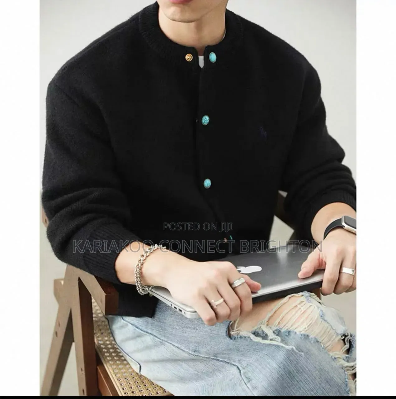 Grey Turquoise-Button Knit Cardigan (Polo)