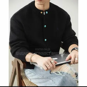 Grey Turquoise-Button Knit Cardigan (Polo)