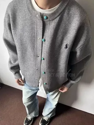 Grey Turquoise-Button Knit Cardigan (Polo)