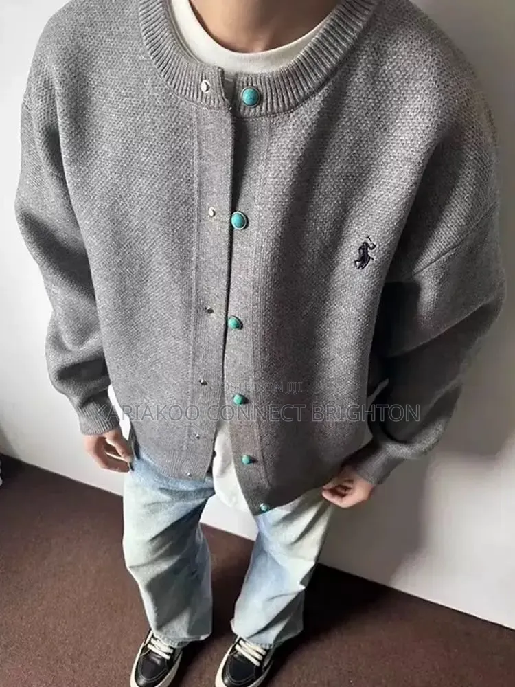 Grey Turquoise-Button Knit Cardigan (Polo)