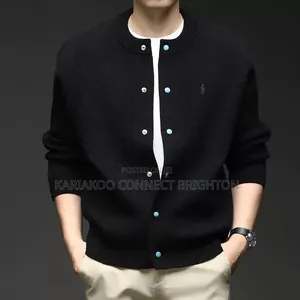 Grey Turquoise-Button Knit Cardigan (Polo)