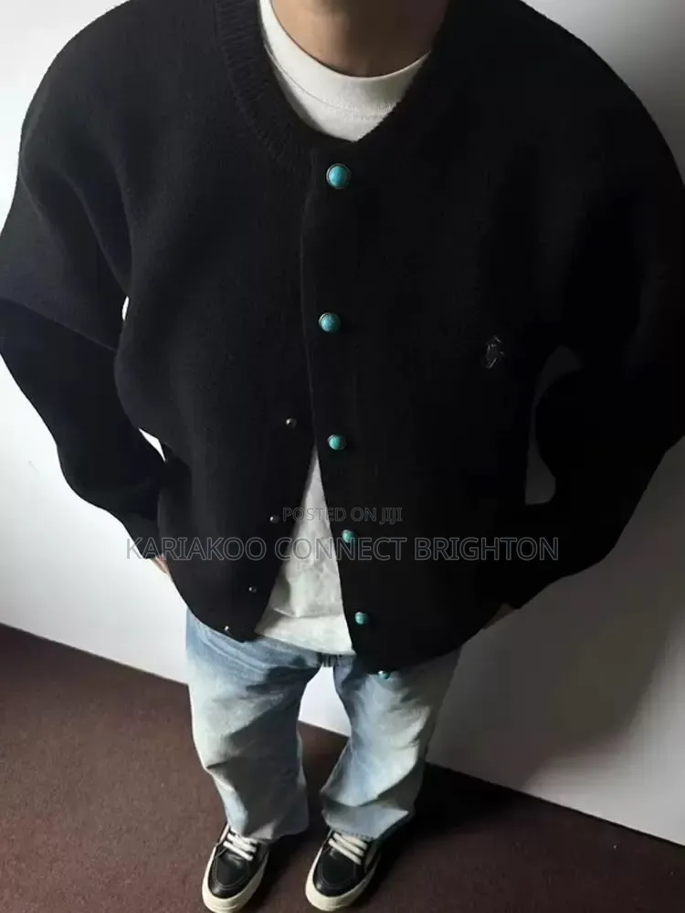 Grey Turquoise-Button Knit Cardigan (Polo)