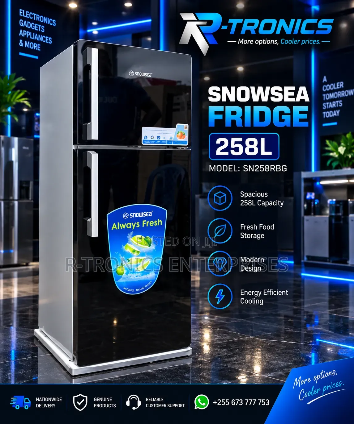 Snowsea 258l Double Door Refrigerator Black Mirror Finish