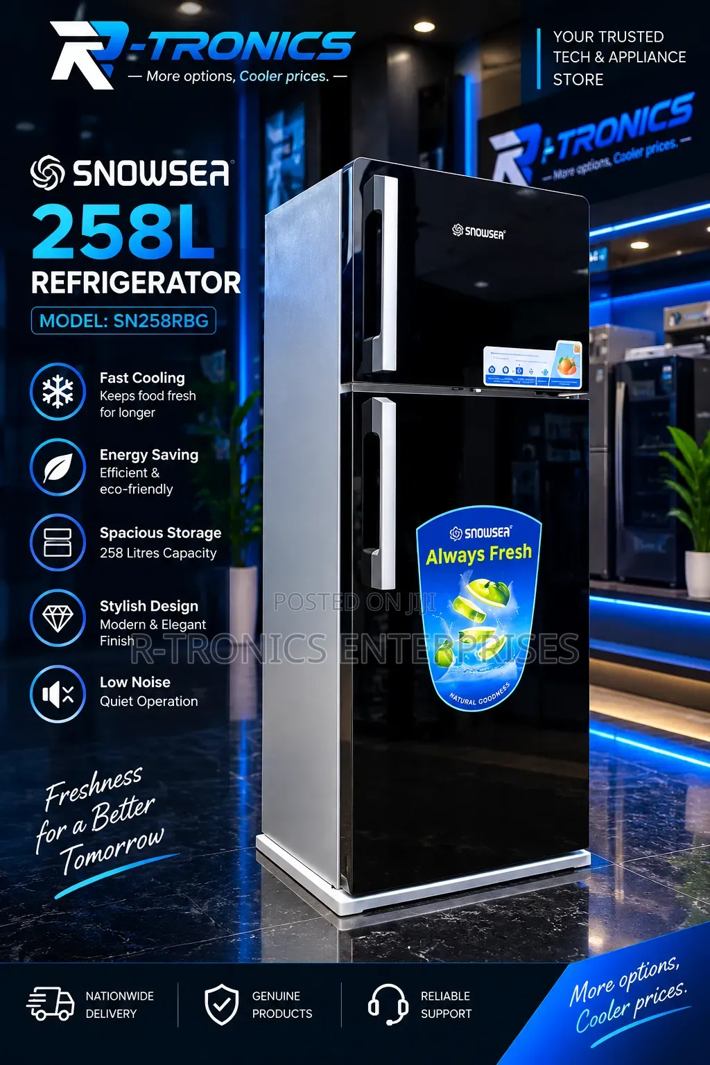Snowsea 258l Double Door Refrigerator Black Mirror Finish