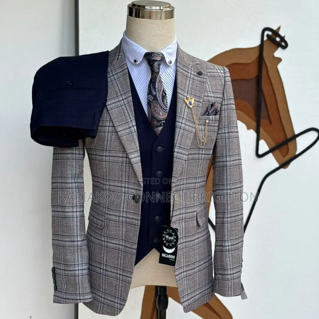 Grey-Brown Checkered 3-PC Combo Suit