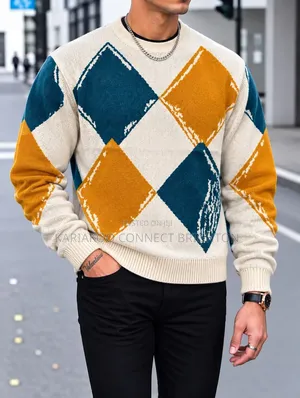 Cream, Teal Mustard Argyle Knit Sweater