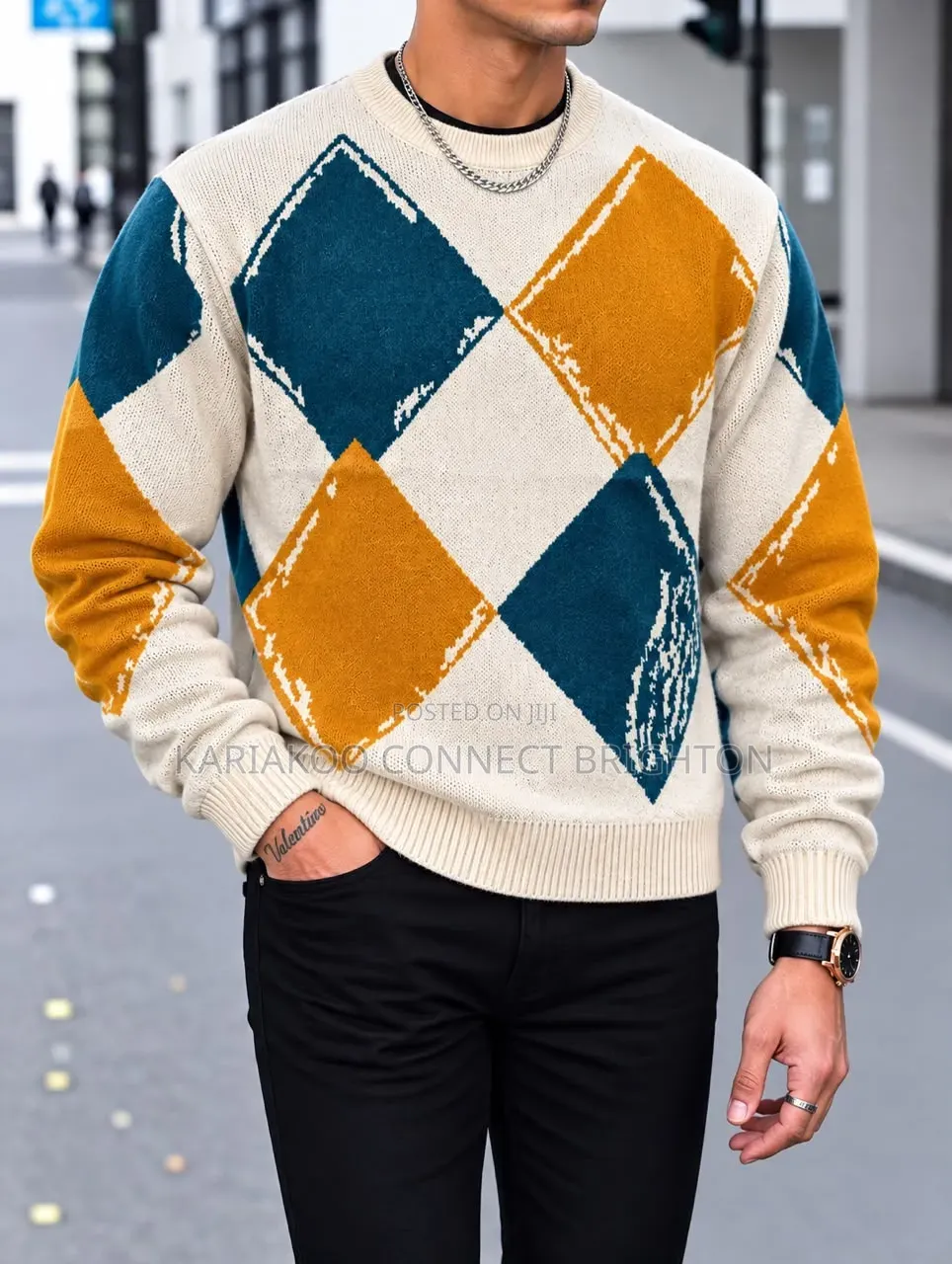 Cream, Teal Mustard Argyle Knit Sweater