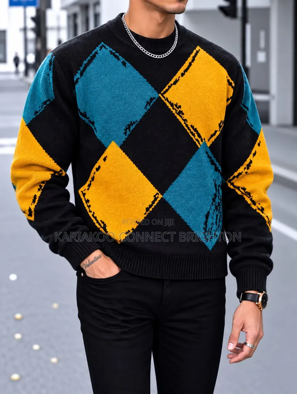 Cream, Teal Mustard Argyle Knit Sweater