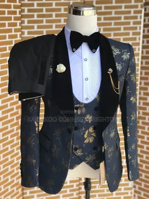 Navy Blue Gold Floral 3-PC Tuxedo Suit