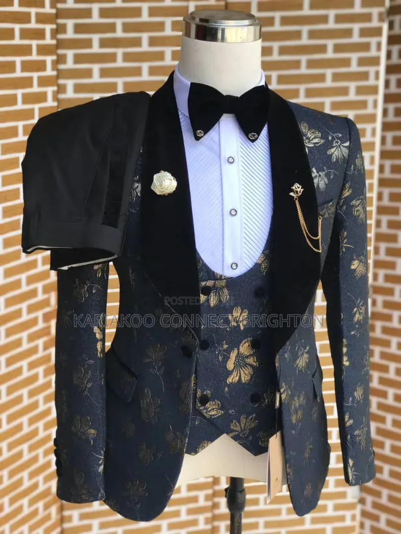 Navy Blue Gold Floral 3-PC Tuxedo Suit