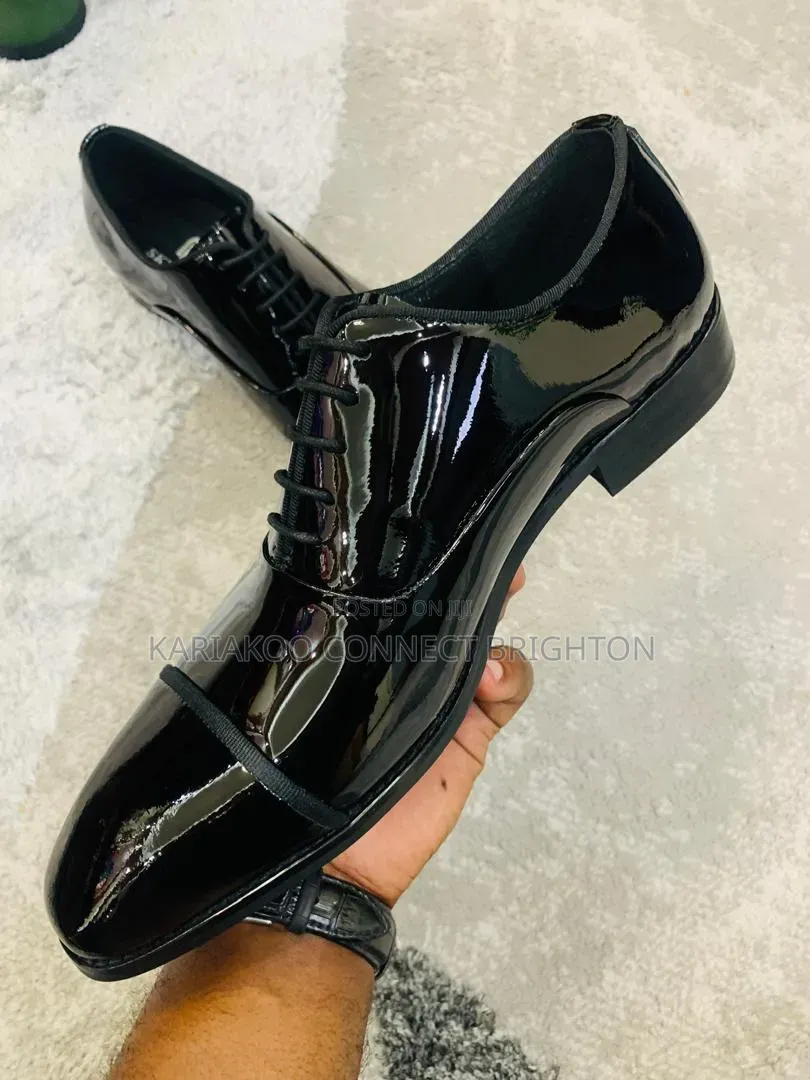 Glossy Black Cap-Toe Oxford Shoes