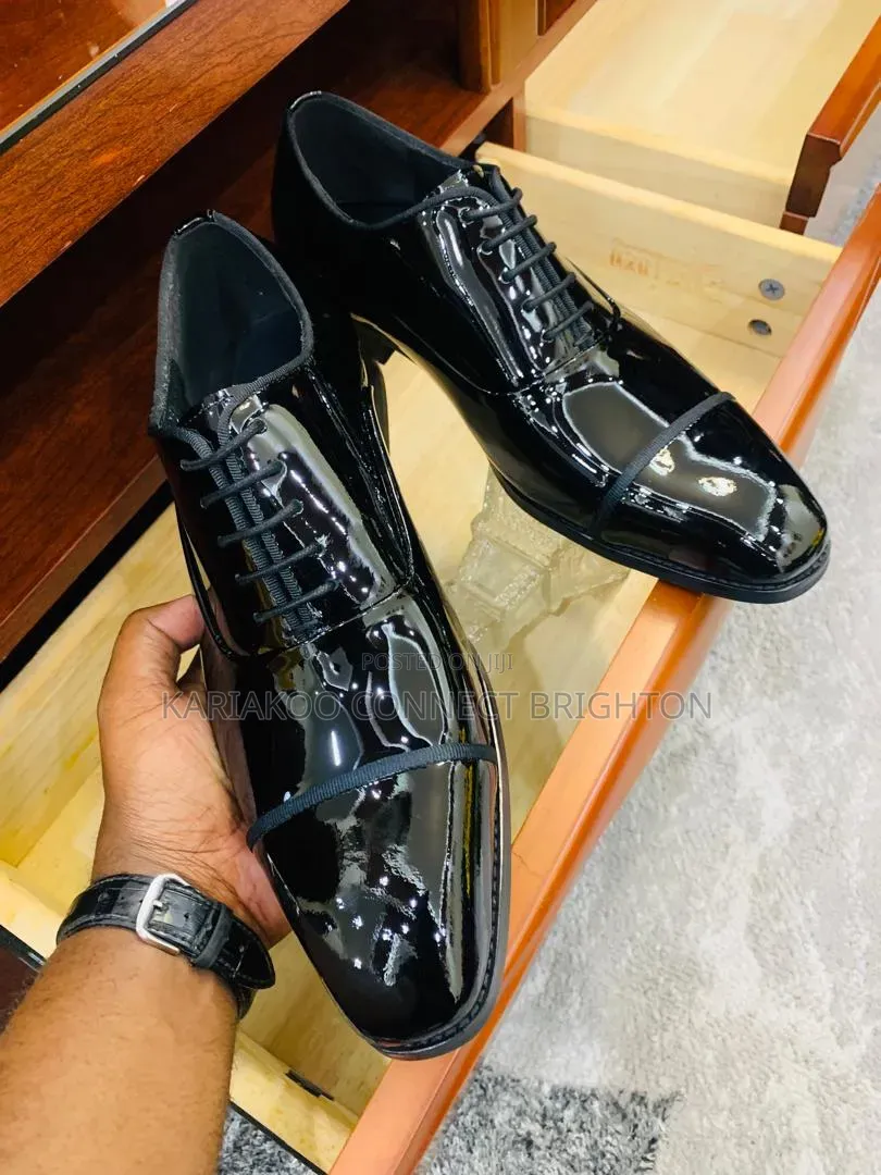 Glossy Black Cap-Toe Oxford Shoes