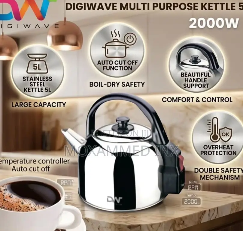Digiwave Steel Kettle 5L1 Year warrantyFree Delivery (Usafiri Bure) In