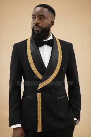 Men's Royal Black Gold Embellished Tuxedo Suit