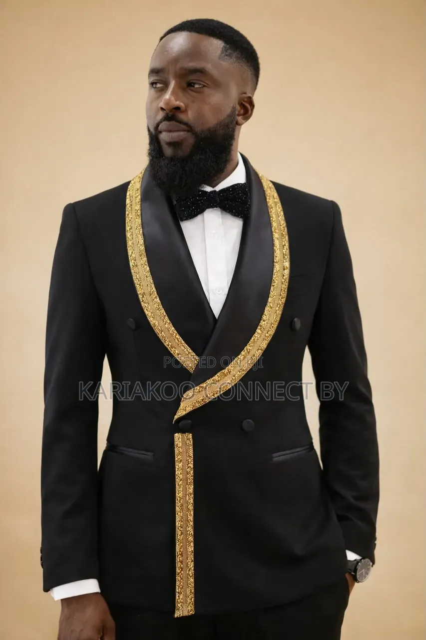 Men's Royal Black Gold Embellished Tuxedo Suit